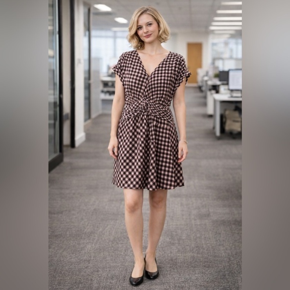 Rabbit Designs Retro Sheath Zipper Bust  Dress Plaid Black White Women's Size 14